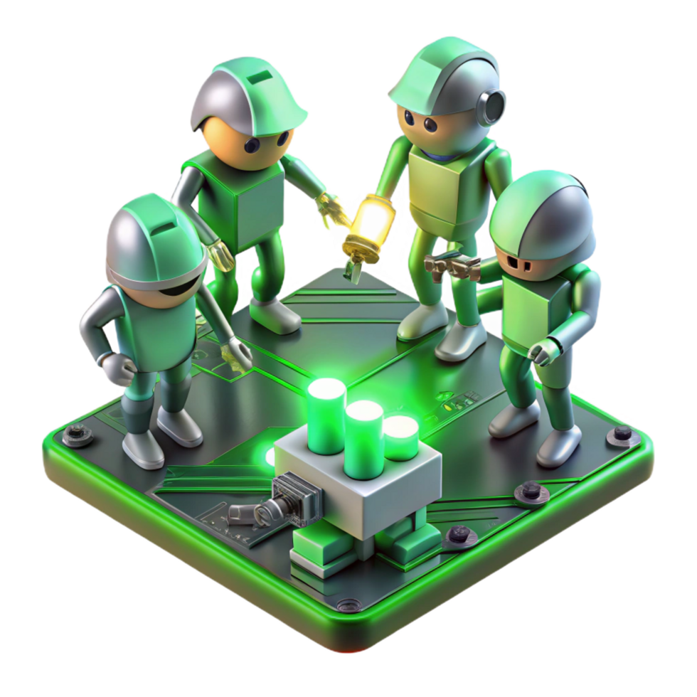 beautiful intense traditional A group of nanobots repairing a damaged circuit board, illuminated by a focused, green light, nanotechnology style high resolution png
