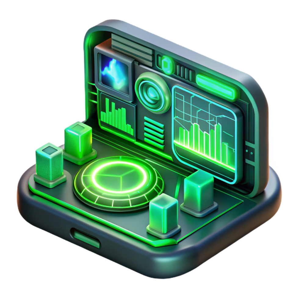 nostalgic elegant A futuristic HUD display, complex data visualizations, glowing neon green, cyberpunk style handcrafted png
