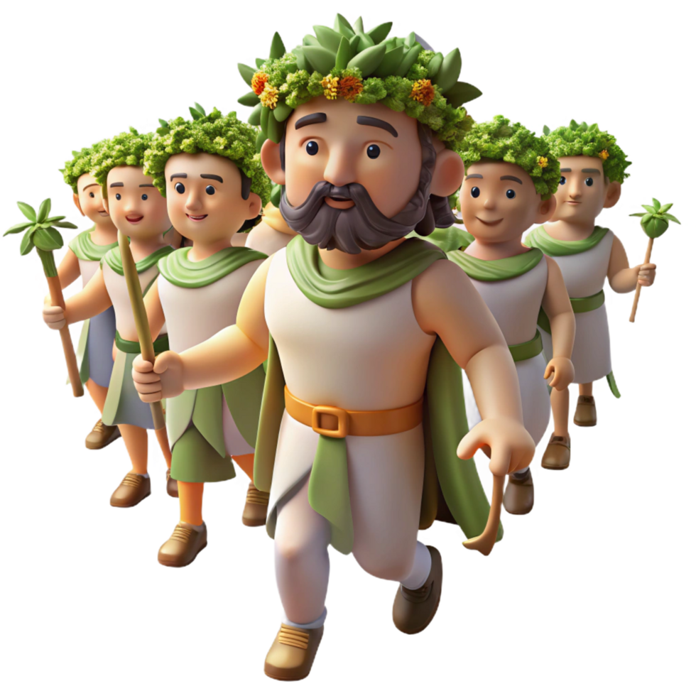 gorgeous dramatic retro A festive Dionysus leading a procession of revelers, crowned with ivy, vibrant and lively, artisan png