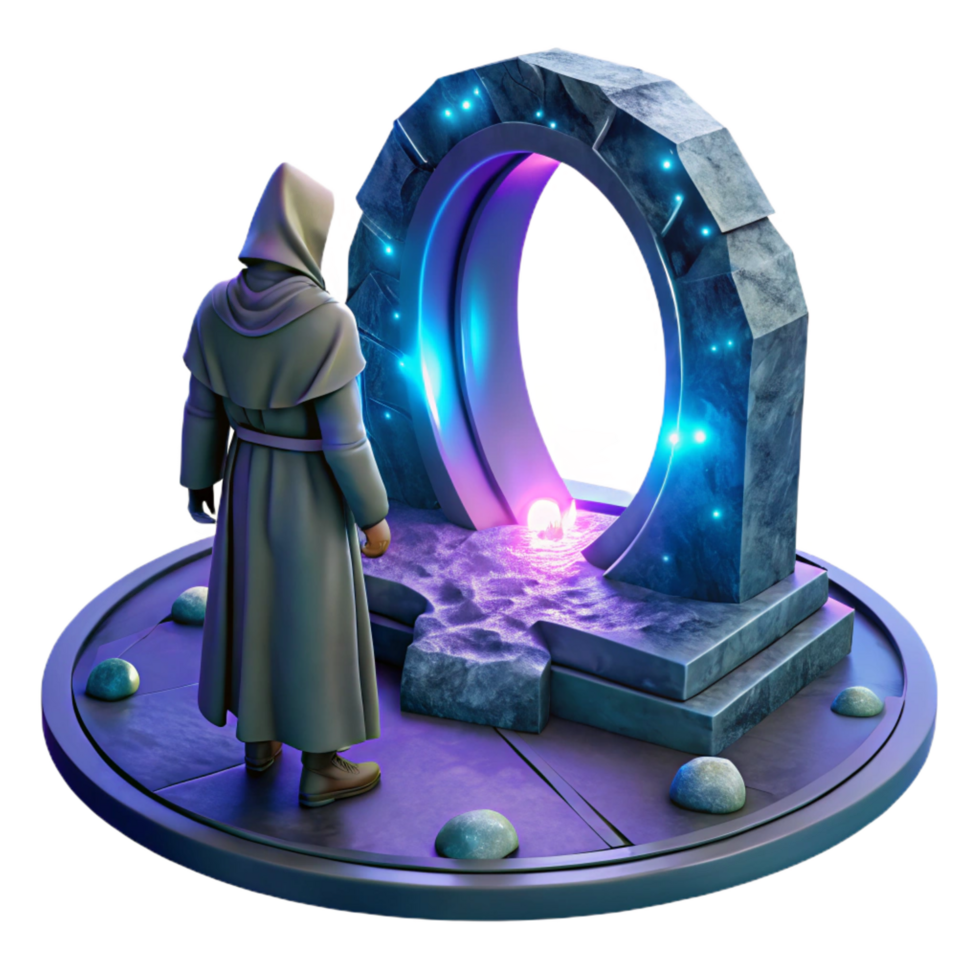 mesmerizing romantic mid century A lone figure in a hooded cloak stands before a giant portal shimmering with otherworldly energy. Fantasy sci fi style, ethereal lighting artisan png