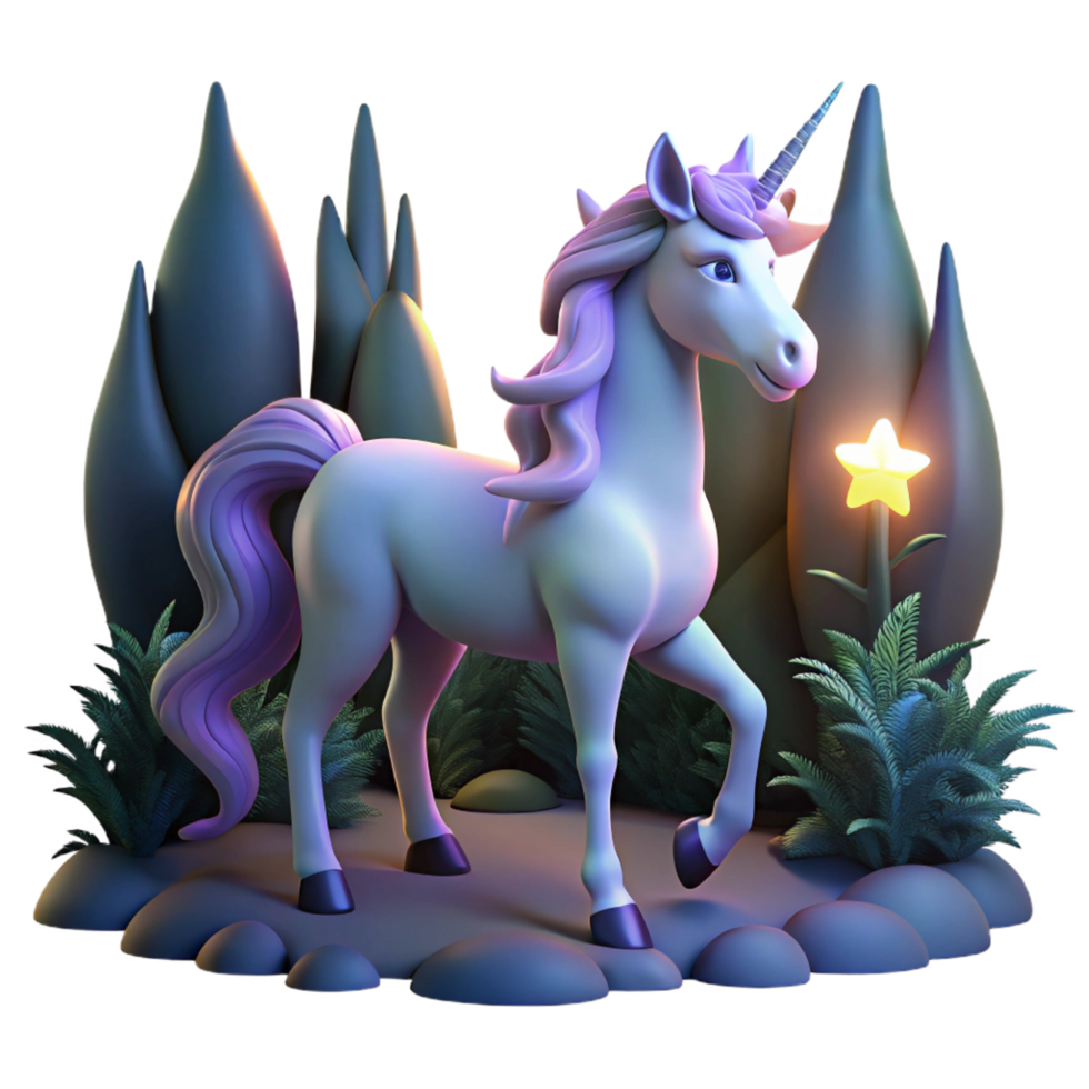iconic vintage A mystical, unicorn with a glowing horn standing in a moonlit forest, ethereal lighting, fantasy art style high quality png