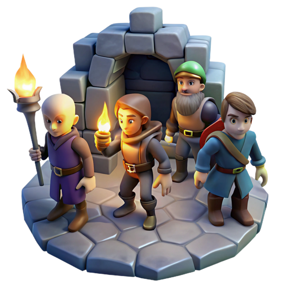 pristine mid century A group of adventurers exploring a dark dungeon, torchlight, dungeon crawler art style flawless png