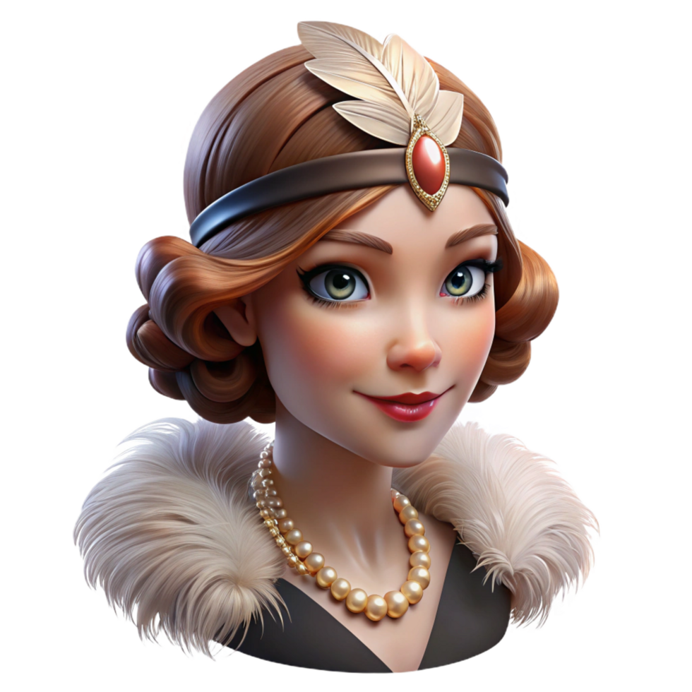 glorious standout Portrait of a glamorous woman with 1920s flapper style makeup, a beaded headband, and a feather boa, lit by a warm, Art Deco inspired light png