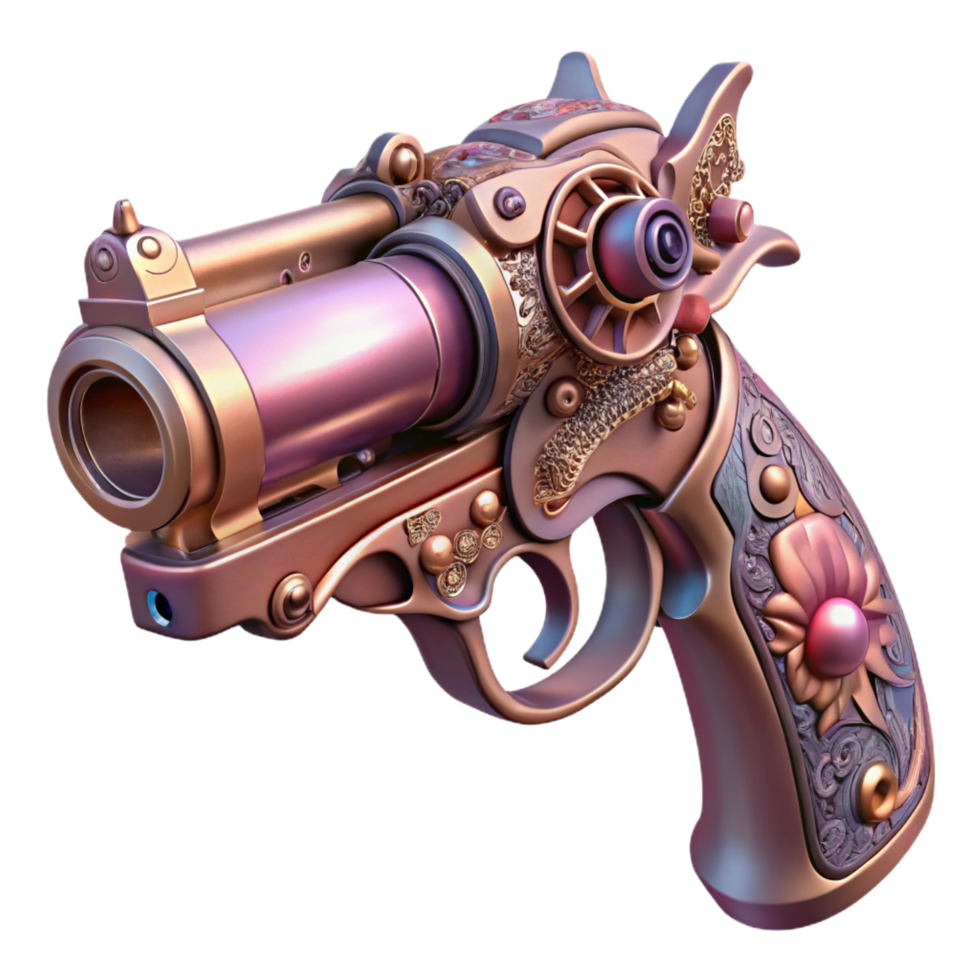peaceful glorious A steampunk pistol, intricately engraved with floral patterns and gears. Soft, diffused lighting. Baroque style impeccable png