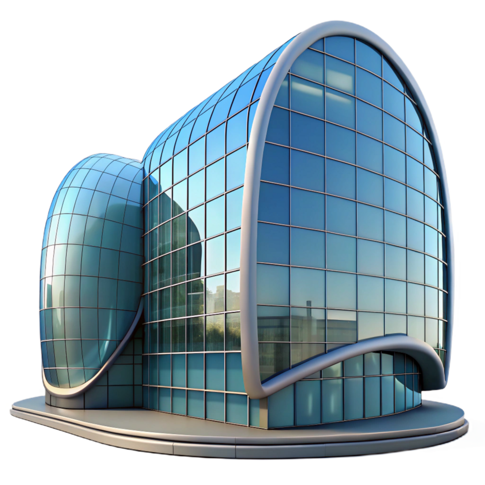 exquisite artistic A futuristic building with a curved glass facade, reflections of the city, architectural visualization style studio quality png