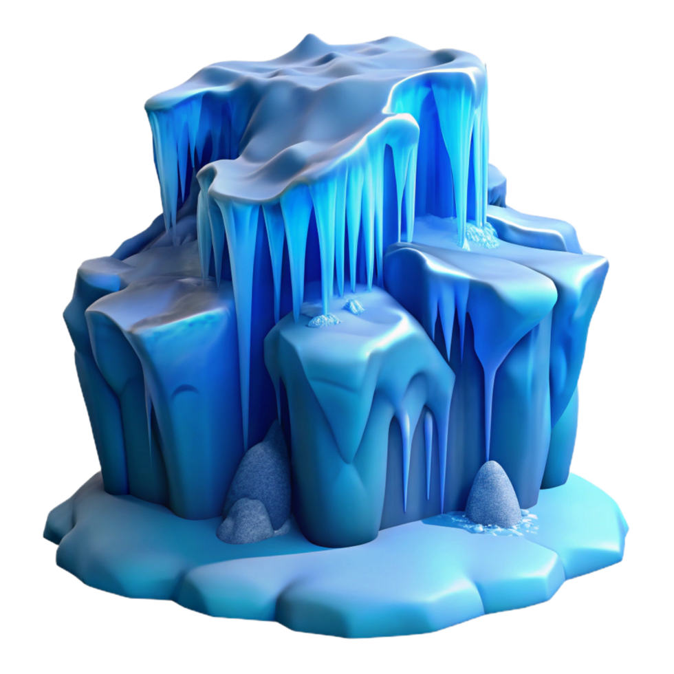 whimsical spectacular A frozen waterfall in winter, crystalline and shimmering, hyperrealistic style, cool blue lighting professional png