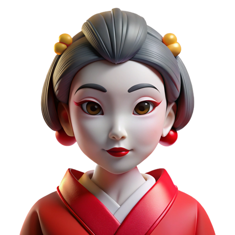 bold beautiful Portrait of a beautiful geisha with elaborate white makeup, a vibrant red kimono, and a serene expression, lit by soft, diffused lantern light fine detail png