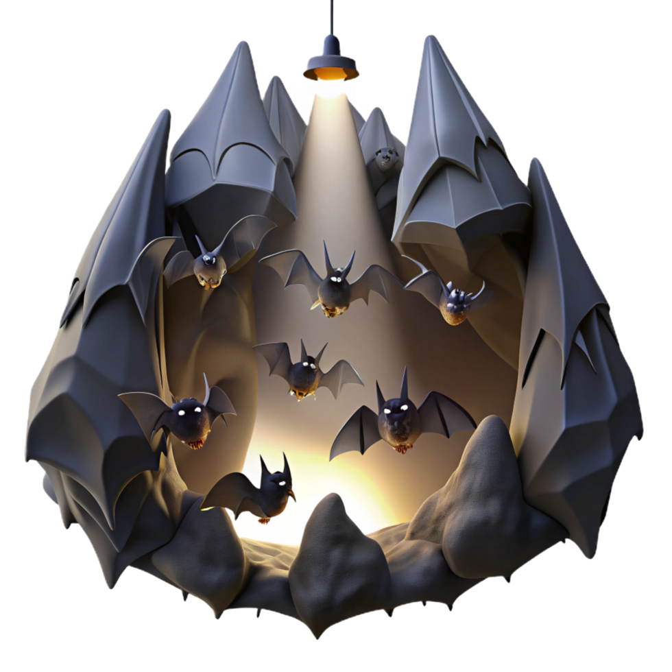 extraordinary romantic surreal A colony of bats hanging from the ceiling of a cave, illuminated by a single beam of light, rendered in a dark and mysterious style original png