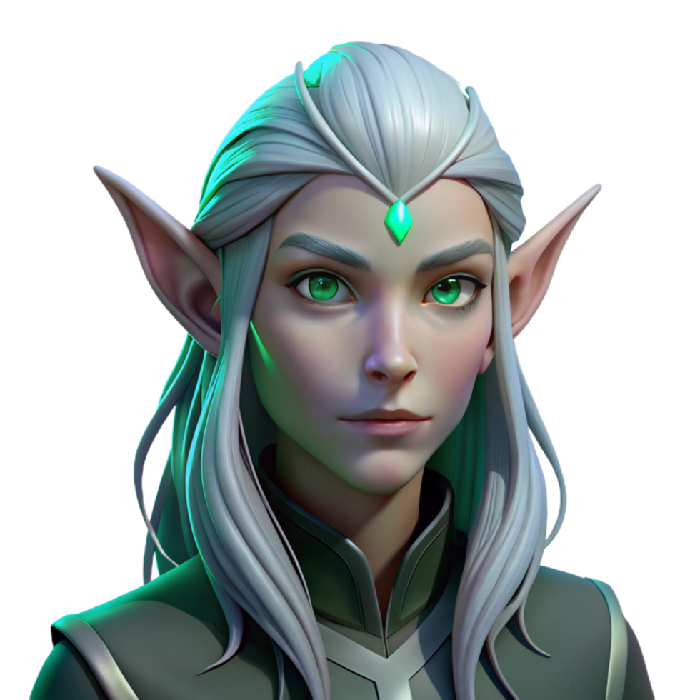 exceptional surreal Portrait of a mystical elf with pointed ears, long silver hair, and glowing green eyes, lit by moonlight, in a fantasy art style top tier png