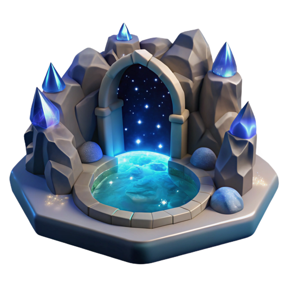 iconic elegant A tranquil, hidden grotto with a crystal clear pool reflecting the starry night sky, romanticism style museum quality png