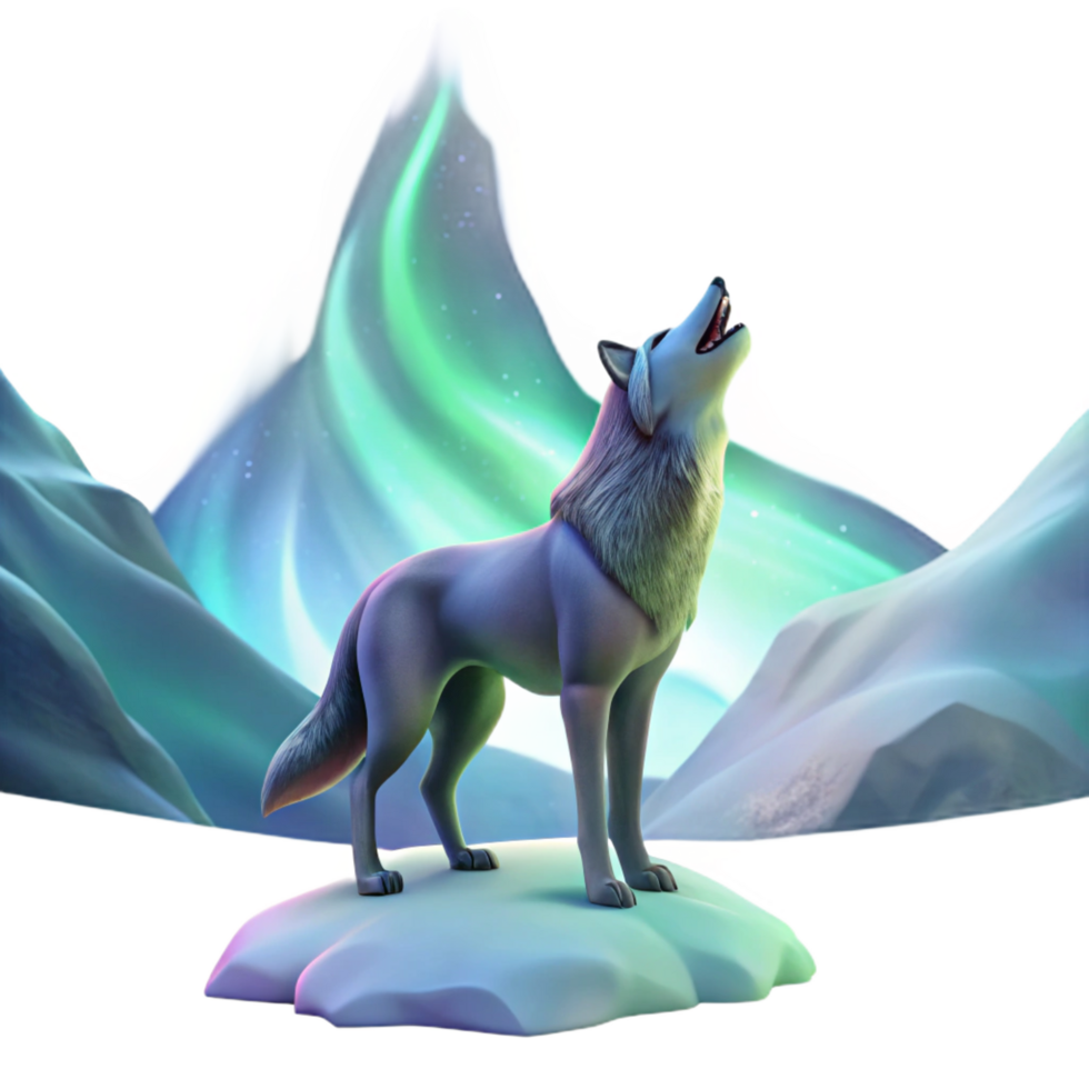 striking dynamic classic A lone wolf howling at the northern lights, vibrant aurora borealis illuminating the snowy landscape, fantasy art style masterfully captured png