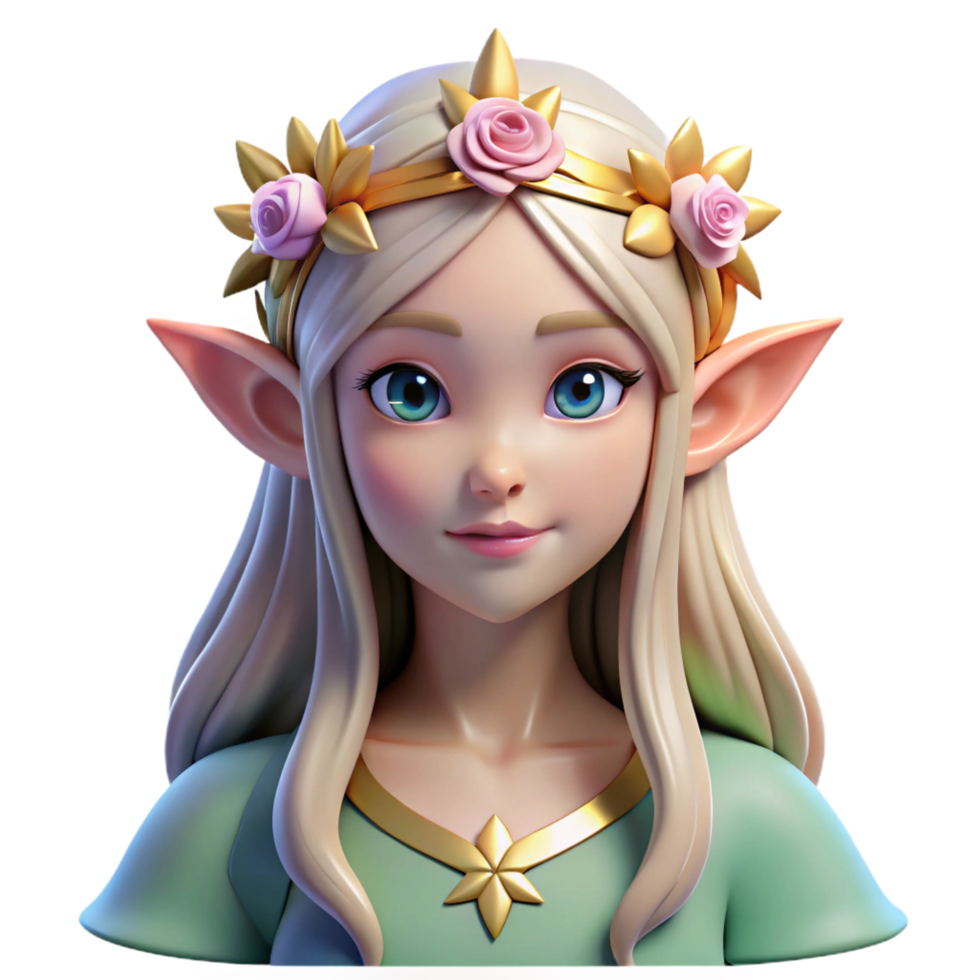 sumptuous unparalleled A beautiful elf princess with long flowing hair and pointed ears, wearing a crown of flowers, ethereal style png