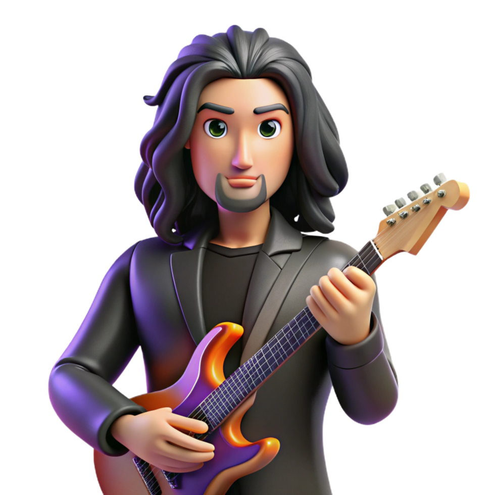 impressive standout Portrait of a charismatic musician with long, flowing black hair and a soulful expression, holding a guitar, lit by colorful stage lights, rock and roll photography style png