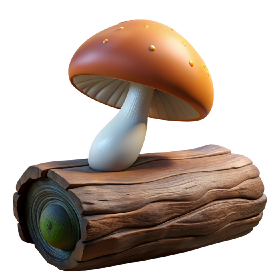 exquisite remarkable A mushroom growing on a fallen log, close up, dark and moody lighting, macro photography style png