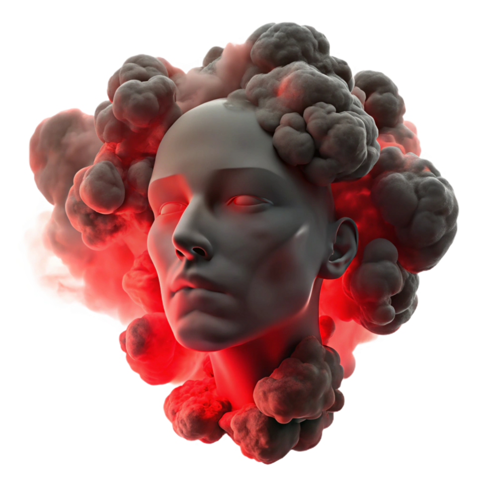 bold stunning A dense cloud of smoke swirling in the shape of a human face, backlit by a dramatic red light, chiaroscuro style authentic png