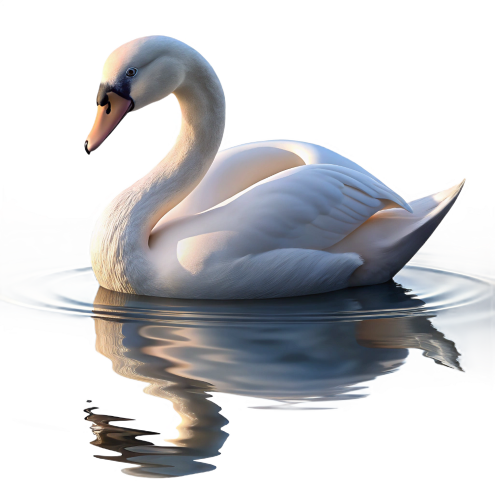 tranquil stunning A graceful swan gliding across a calm lake, soft morning light, impressionistic style museum quality png