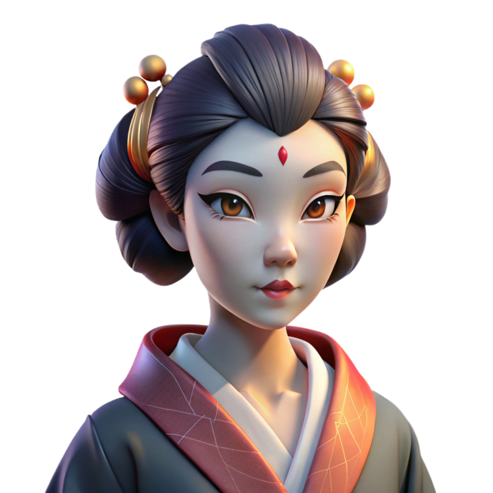 sumptuous gothic Portrait of a graceful geisha with elaborate makeup and a silk kimono, her expression enigmatic, lit by the soft glow of paper lanterns high resolution png