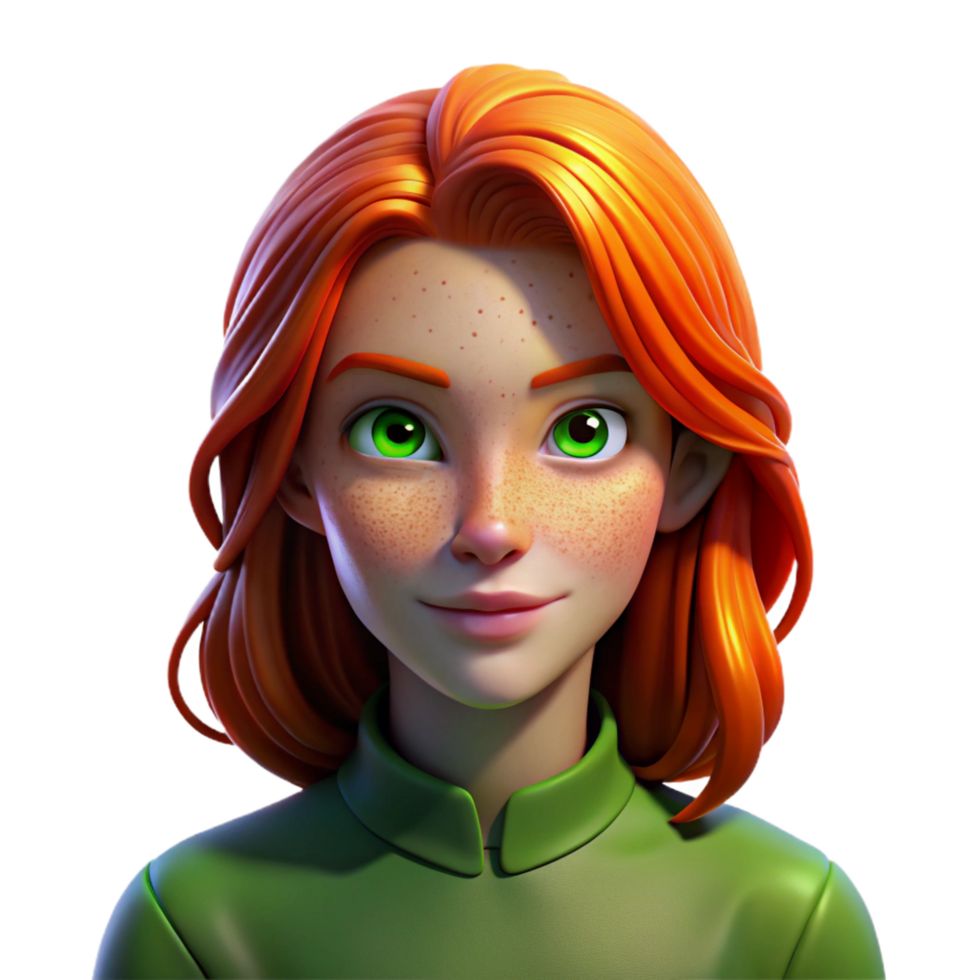 stunning modern Portrait of a young woman with fiery red hair, freckles, and piercing green eyes, lit by a single Rembrandt light from the left, painted in the style of John Singer Sargent 4K png
