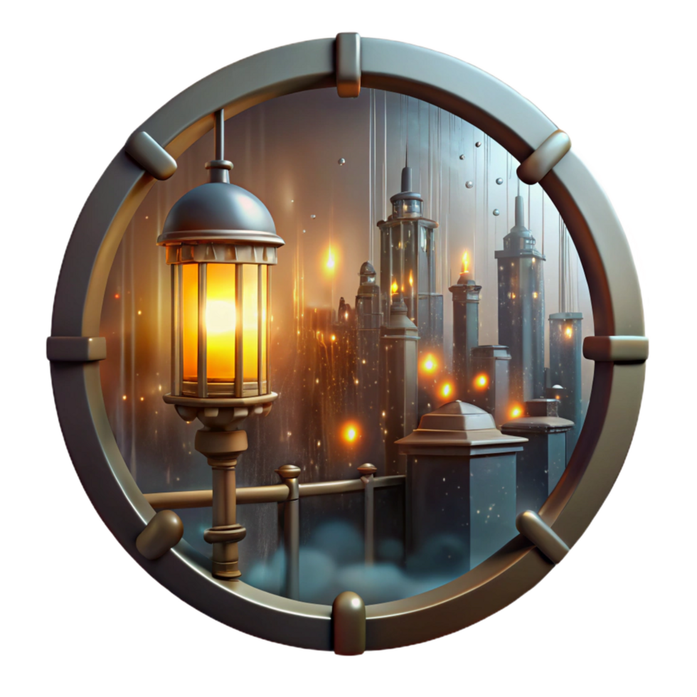 peaceful splendid A steampunk cityscape, viewed through a rain streaked window, illuminated by the flickering glow of gaslights. Impressionistic style, muted colors handcrafted png