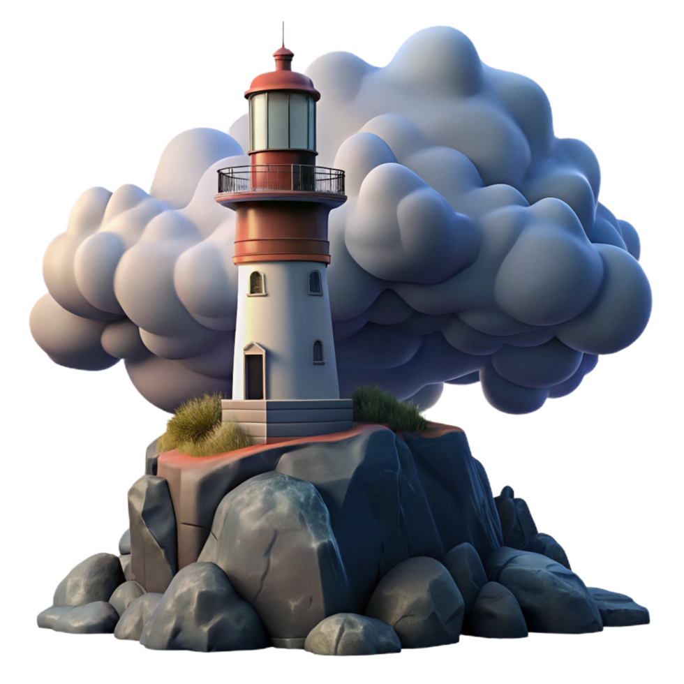 breathtaking modern A solitary lighthouse perched on a rocky cliff, dramatic storm clouds, dramatic and moody lighting, realistic painting style authentic png