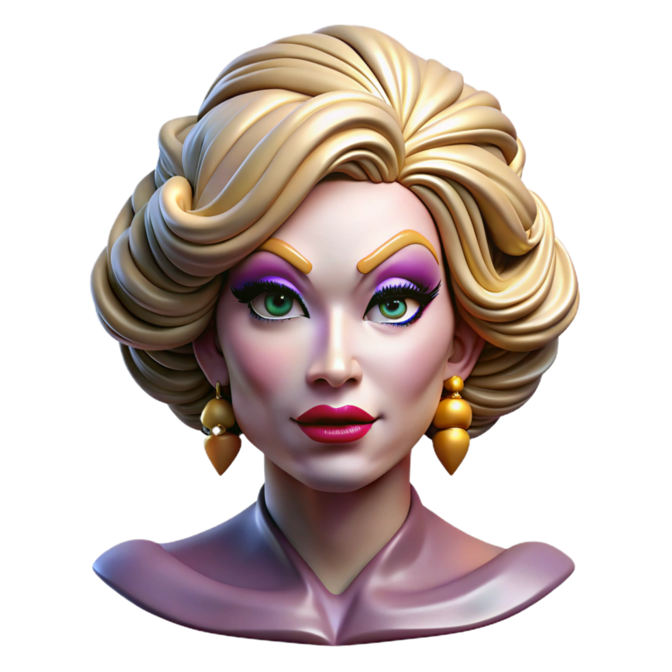 immaculate nostalgic baroque Portrait of a glamorous drag queen with elaborate makeup, stage lighting, pop art style top tier png