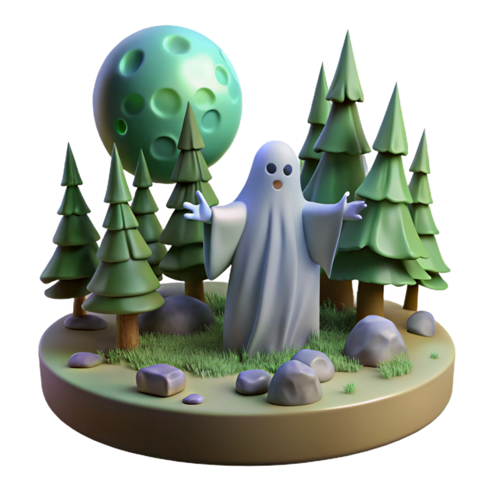 alluring timeless A ghostly apparition floating through a haunted forest, eerie moonlight, in a spooky horror style png