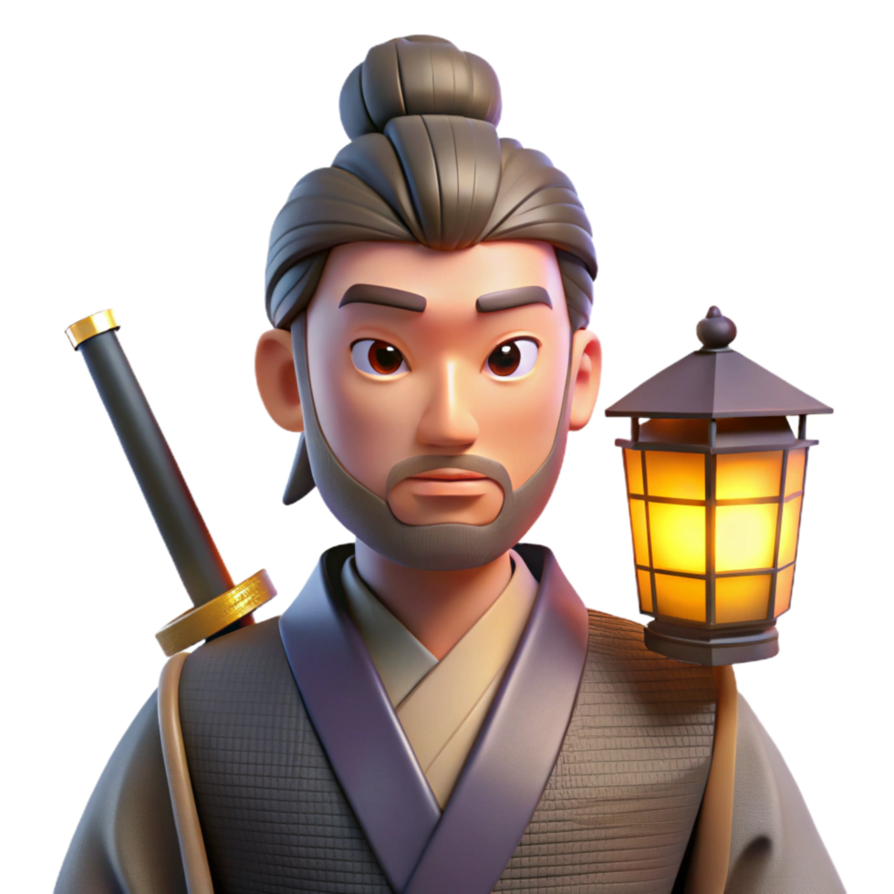 dazzling standout Portrait of a stoic samurai with a katana at their side, illuminated by the soft glow of a paper lantern png