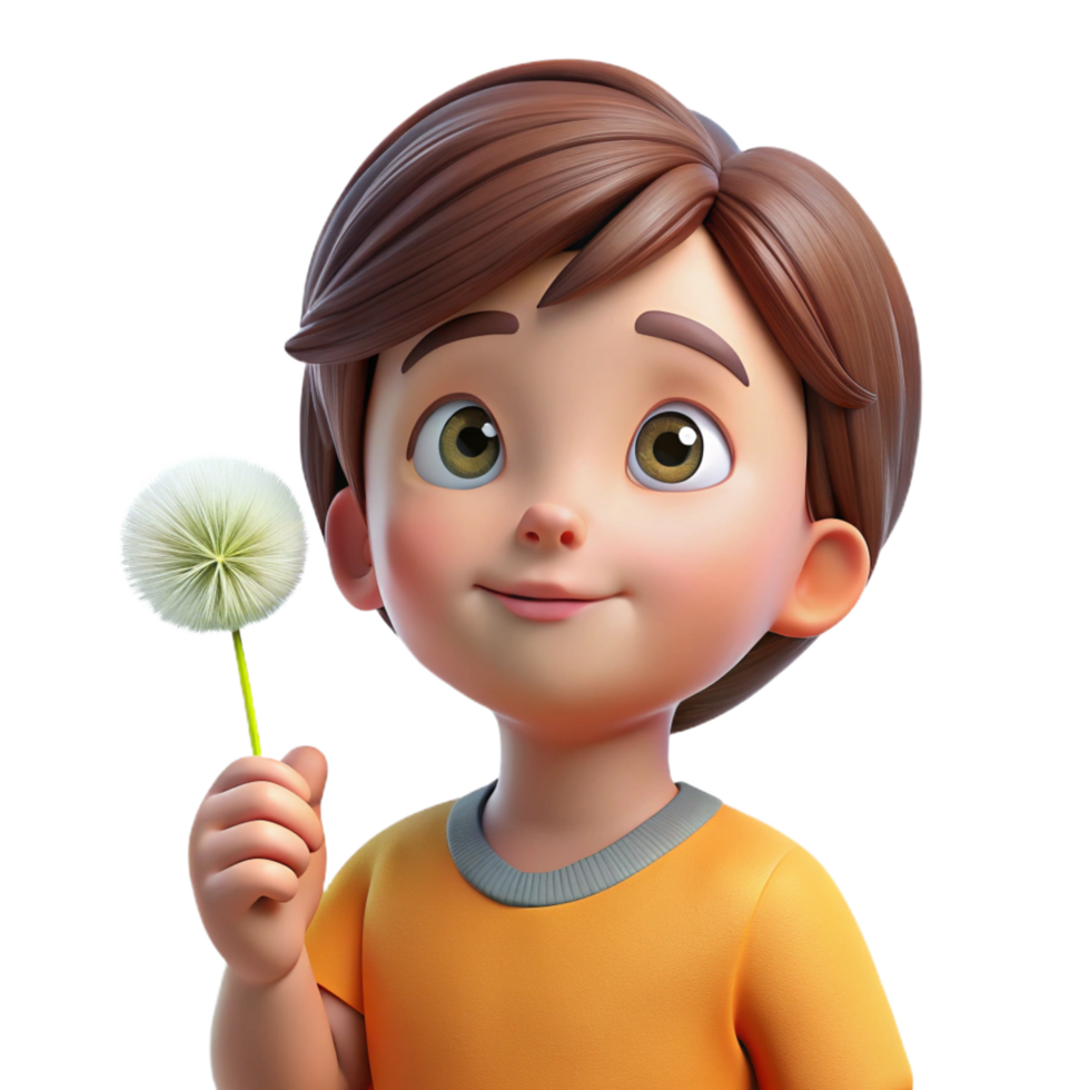 glorious tropical Portrait of a curious child with wide, innocent eyes, holding a dandelion clock, lit by soft, diffused light, in a whimsical style professional png