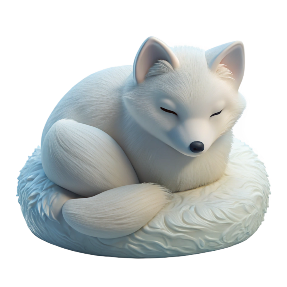 playful glorious A lone arctic fox curled up in the snow, its white fur blending seamlessly with the landscape, in a serene, minimalist style sharp png
