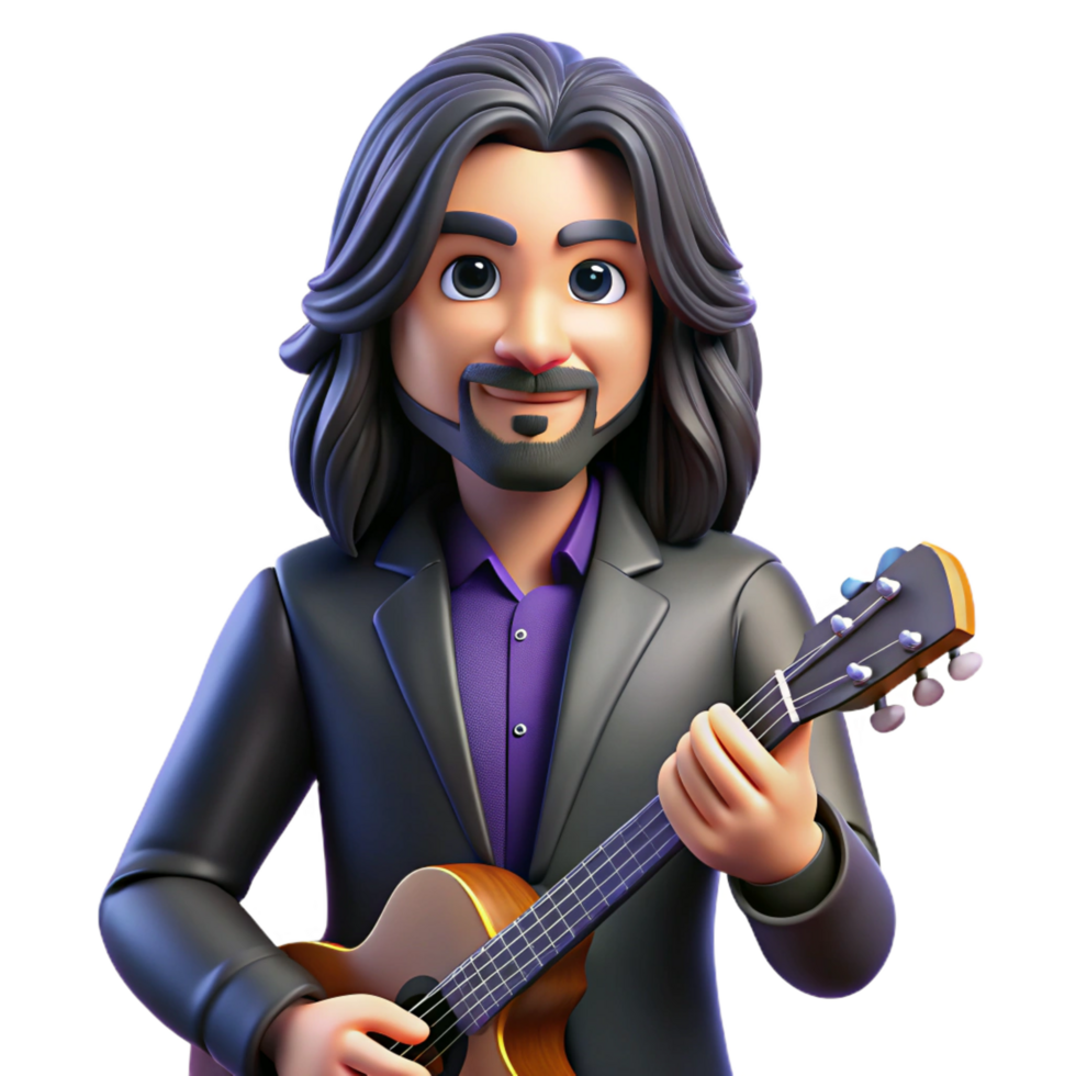 dynamic mesmerizing Portrait of a charismatic musician with long, flowing black hair and a soulful expression, holding a guitar, lit by colorful stage lights, rock and roll photography style 8K png