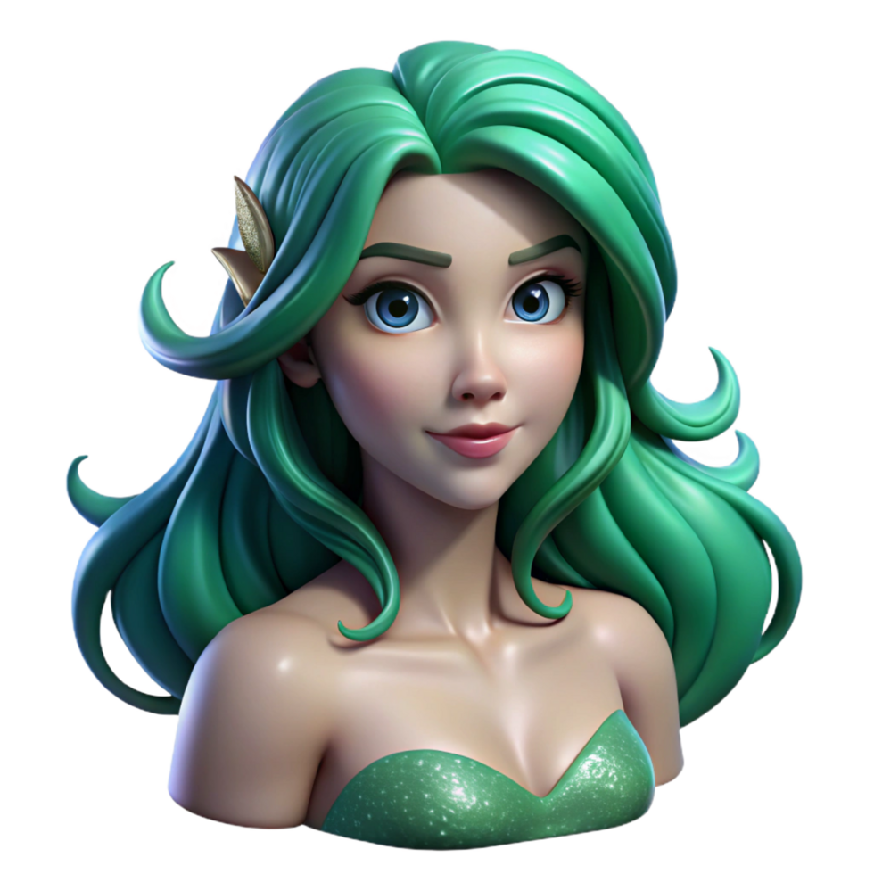 picturesque baroque Portrait of a beautiful mermaid with flowing green hair, shimmering scales, and a wistful expression, lit by underwater light, in a fantasy art style impeccable png