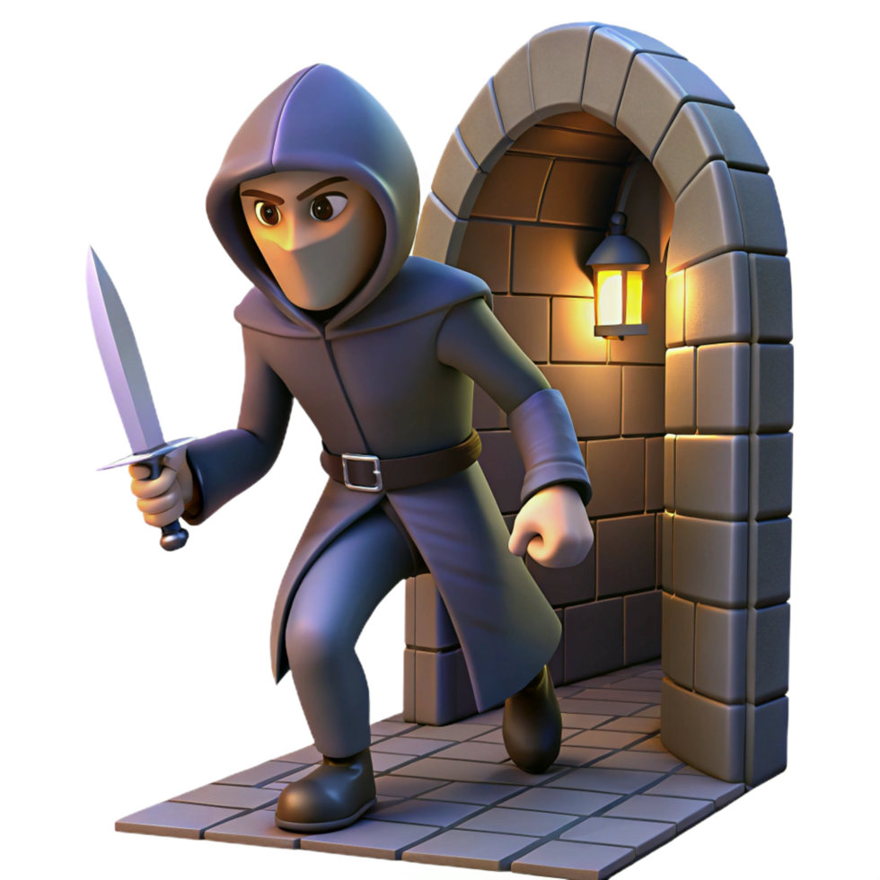 stunning contemporary A cunning rogue sneaking through a dimly lit alleyway, a dagger glinting in his hand. Low key lighting, noir style handcrafted png