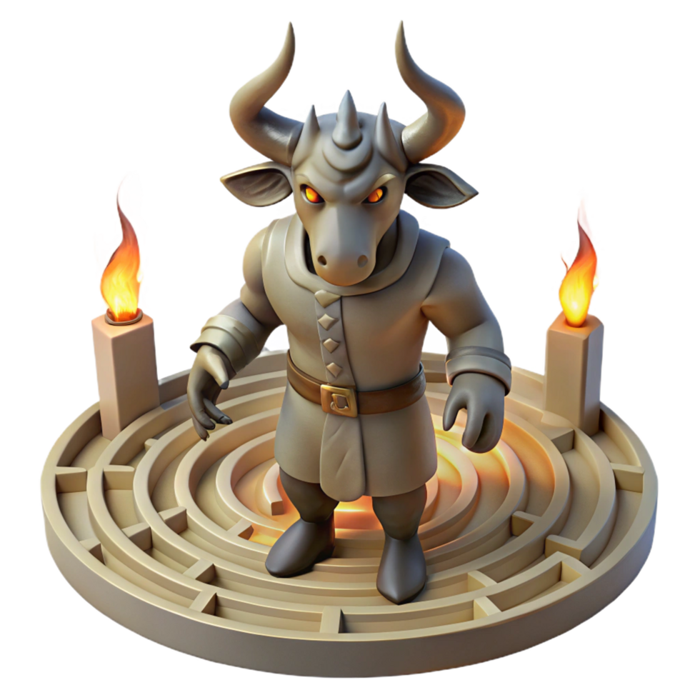 immaculate passionate traditional A stoic Minotaur standing in the labyrinth, intricate shadows cast by flickering torches. Surreal style top tier png