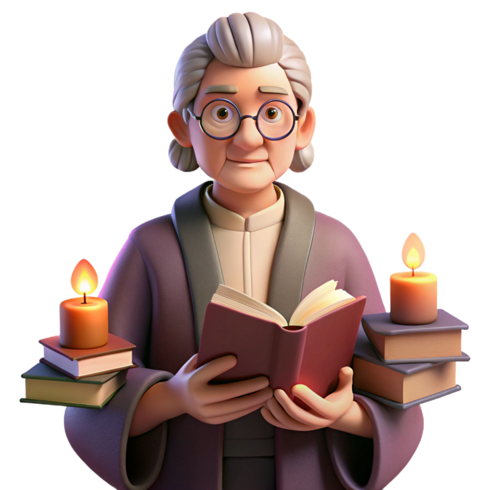 majestic calm coastal Portrait of a wizened old librarian surrounded by floating books, wearing spectacles and a velvet robe, lit by warm candlelight, in a painterly style 8K png