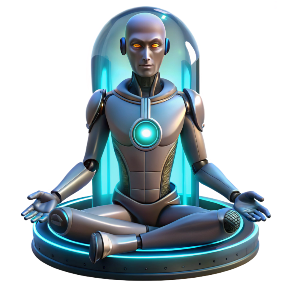 joyful spectacular A cyborg with intricate, glowing circuitry visible beneath their synthetic skin, meditating in a zero gravity chamber. Biopunk style. Soft lighting handcrafted png