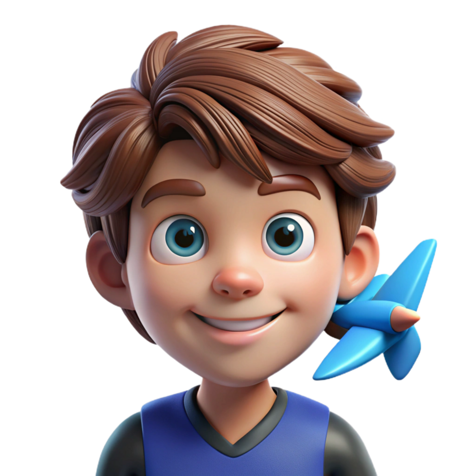 exceptional surreal Portrait of a young boy with messy brown hair, a mischievous grin, and bright blue eyes, holding a wooden toy airplane, lit by soft, nostalgic window light professional png