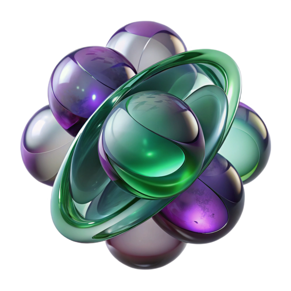 striking industrial Interlocking, translucent orbs of amethyst and emerald, reflecting a diffuse, ambient light, creating a sense of weightlessness. Art Deco style premium png
