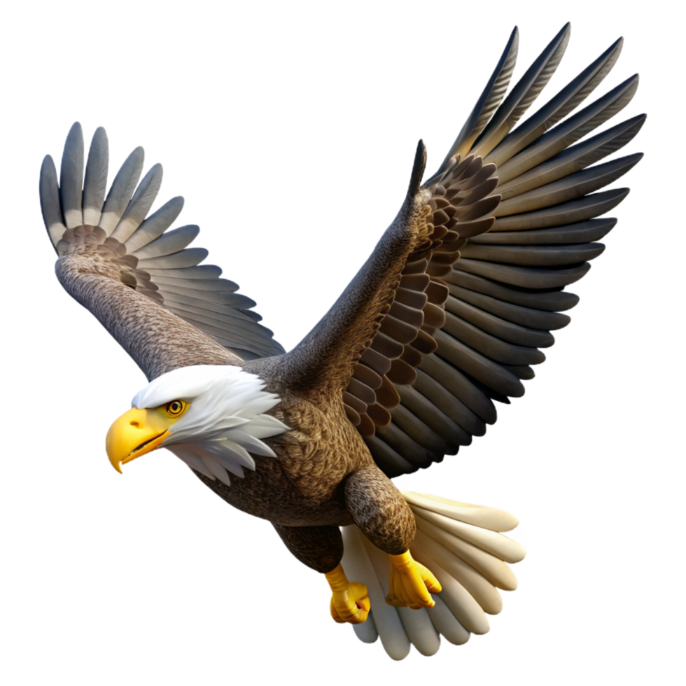 tranquil magnificent A majestic bald eagle soaring through the sky, cloudscape background, realistic rendering fine detail png