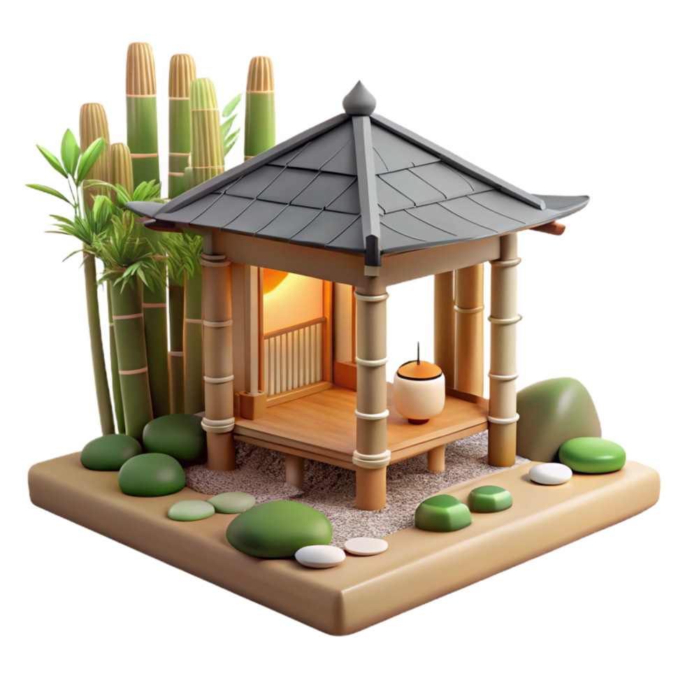 majestic tranquil renaissance A minimalist Japanese tea house made of bamboo and paper, soft natural light, surrounded by a zen garden, serene and peaceful flawless png