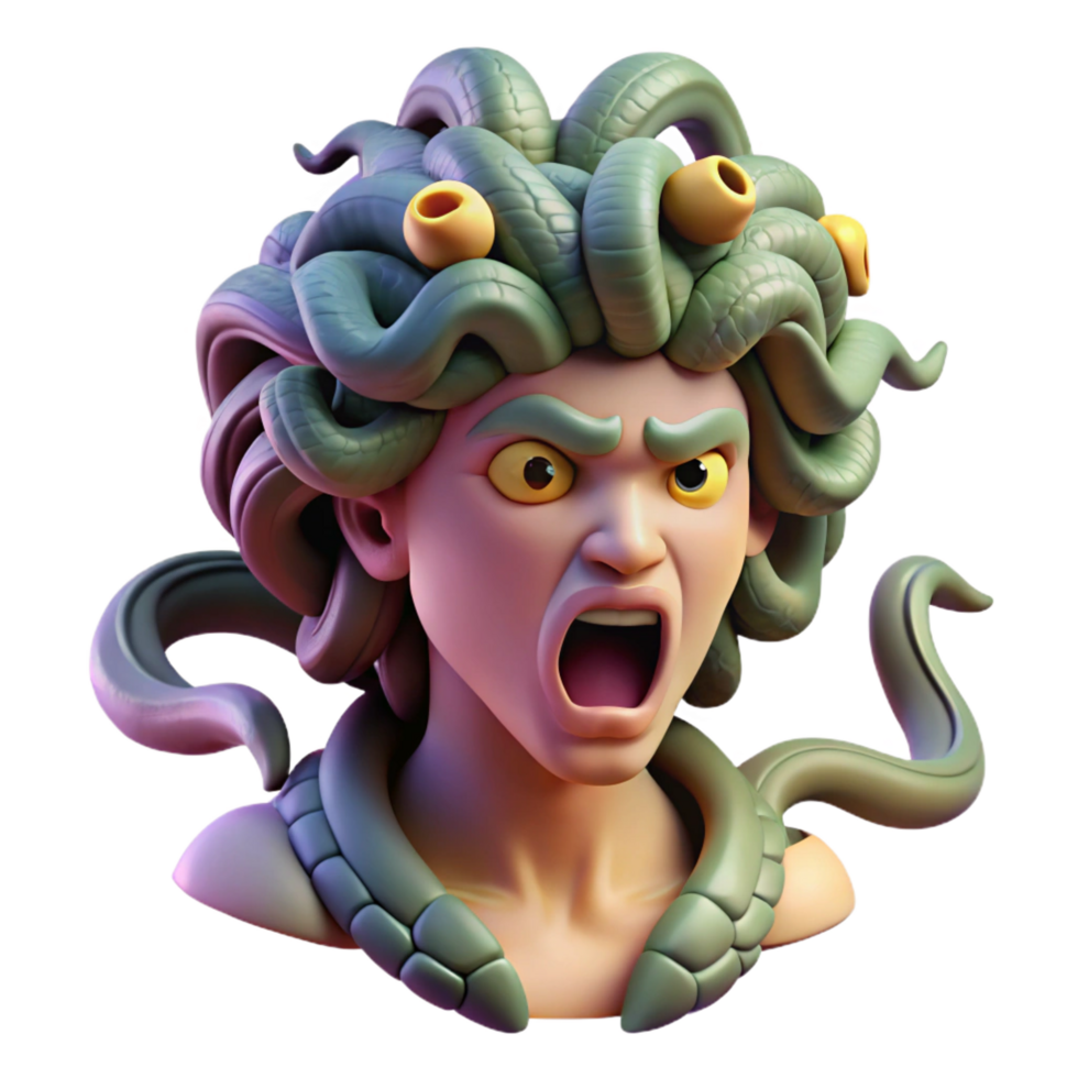 standout surreal A fierce gorgon with snakes for hair, turning a warrior to stone, Baroque style exclusive png