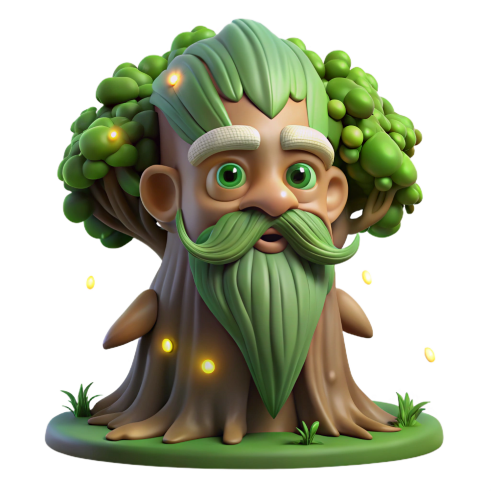 elegant vintage A wise old talking tree with glowing eyes and a flowing beard of moss, surrounded by fireflies, magical realism 8K png