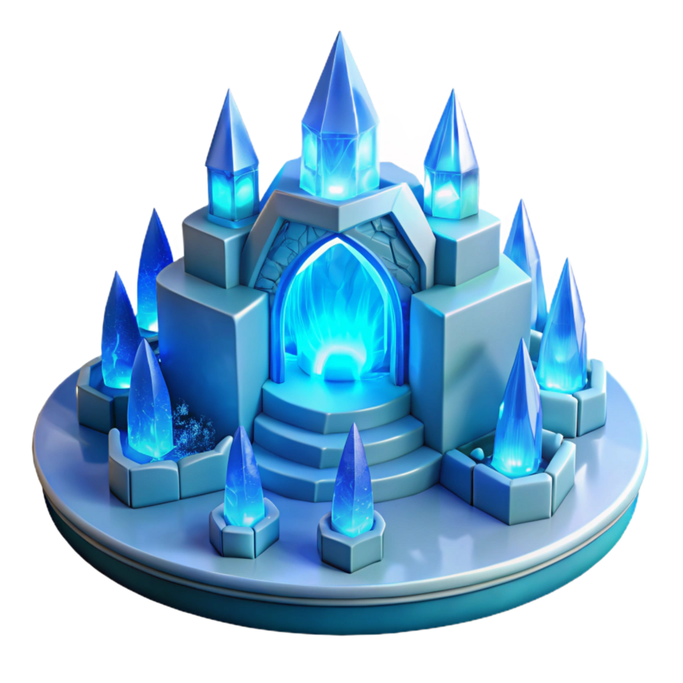 nostalgic hypnotic An ice palace with intricate ice sculptures and glowing blue light, winter landscape, fantasy art original png