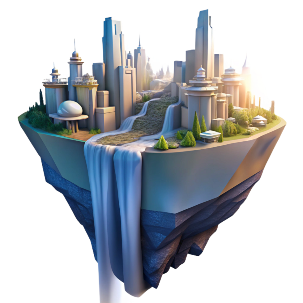 inspired renaissance A futuristic city, built on the side of a cliff, with waterfalls cascading down its walls, illuminated by the soft light of dawn. Sunrise lighting, matte painting style genuine png