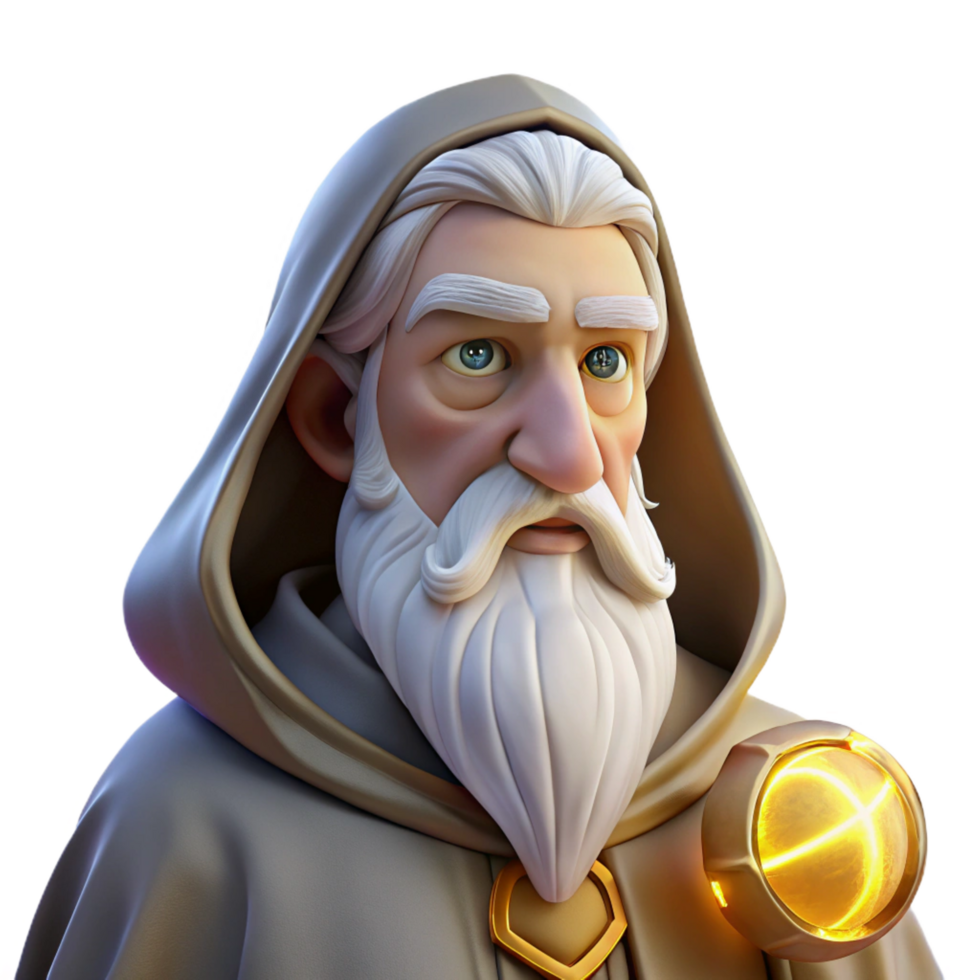 acclaimed gothic Portrait of a wizened old wizard with a long white beard, wearing a robe adorned with celestial symbols, lit by a magical orb emitting a warm, golden glow authentic png
