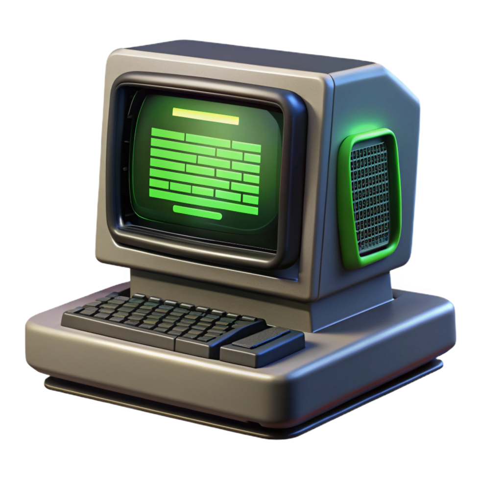 tranquil captivating A vintage computer terminal displaying complex code, green text on a black screen, retrofuturism style detailed png