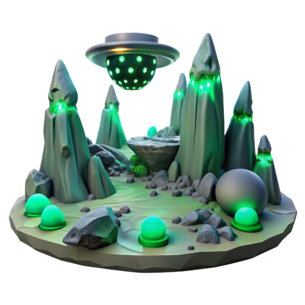signature mid century A desolate alien landscape with strange rock formations, eerie green lighting, otherworldly atmosphere, science fiction style, studio quality png