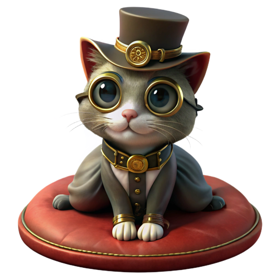splendid remarkable A portrait of a steampunk cat wearing intricate goggles and a tiny top hat, sitting on a velvet cushion. Warm, Rembrandt lighting. Painterly style png