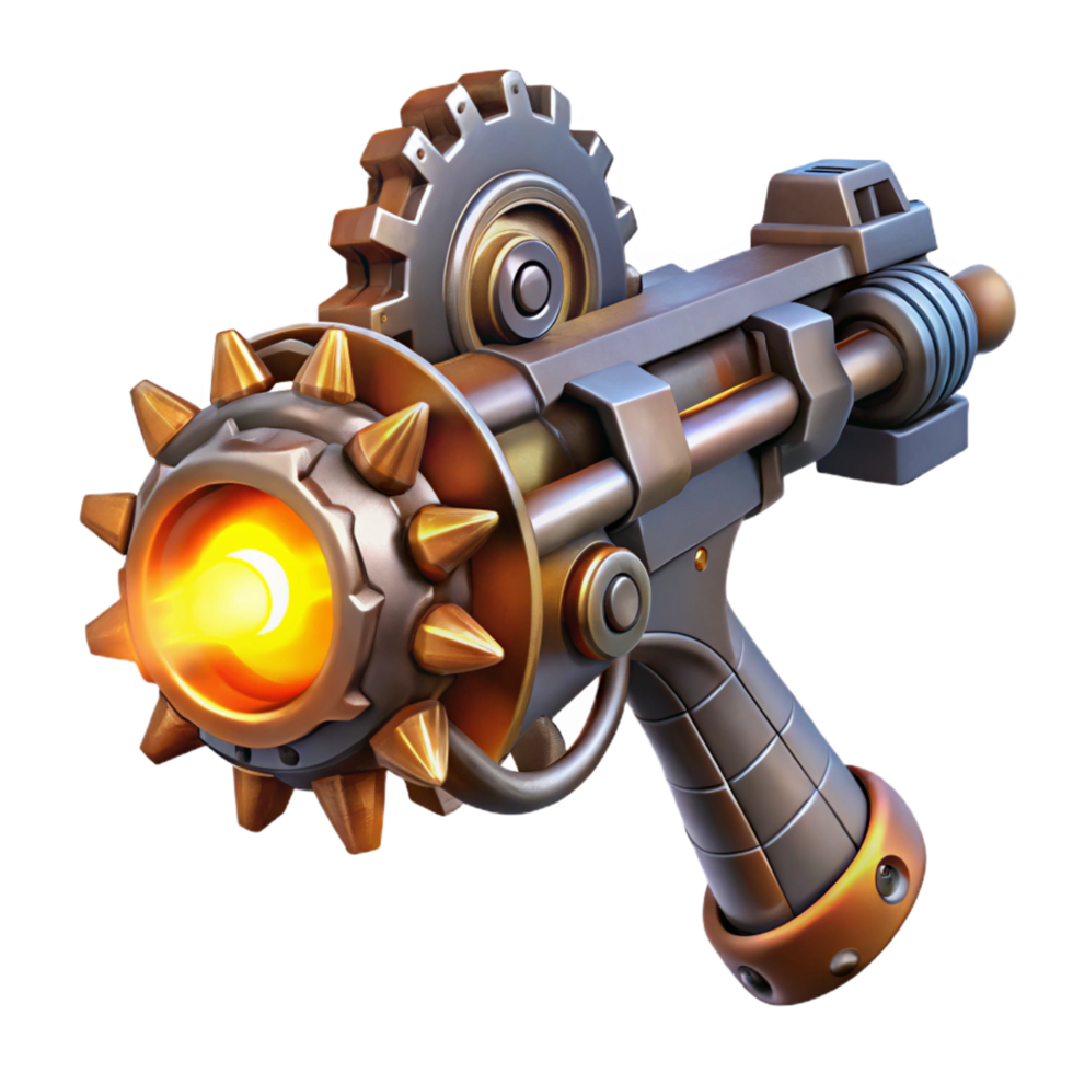 energetic glorious A steampunk weapon, with rotating gears and glowing energy core, ready to fire. Intense, dynamic lighting. Sci fi art style studio quality png