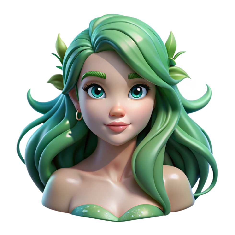 majestic melancholic urban Portrait of a beautiful mermaid with flowing green hair, shimmering scales, and a wistful expression, lit by underwater light, in a fantasy art style fine detail png