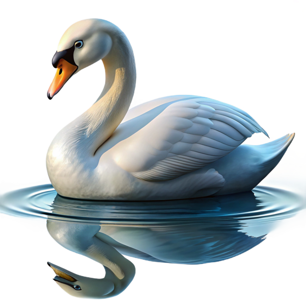 alluring celebrated A graceful swan gliding across a calm lake, reflective water surface, serene and peaceful png